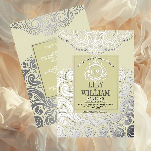 Ivory Elegant Artdeco Diamond Monogram Wedding Foil Invitation (Luxurious Elegant Classic Boho Wedding Invitation - Real Foil and Monogram)