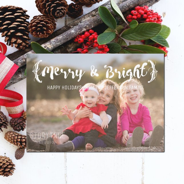 Ivory Elegant Sketched Merry & Bright Photo Holiday Card (Ivory Elegant Sketched Merry and Bright Holiday Photo Card)