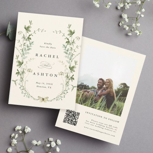 Ivory Elegant Watercolor Wildflower Wedding Photo  Save The Date