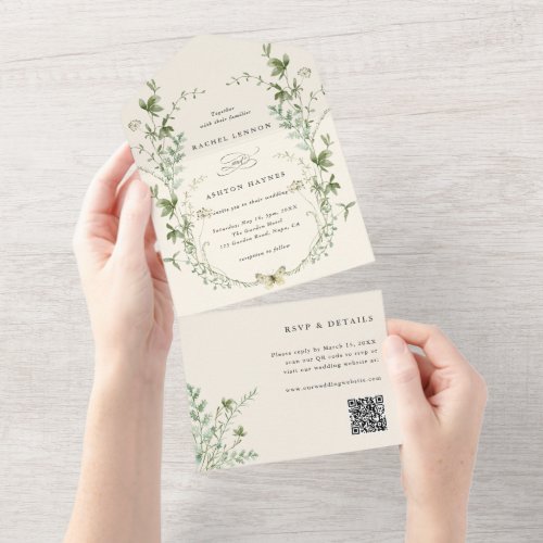 Ivory Elegant Wildflower QR Code Wedding All In One Invitation