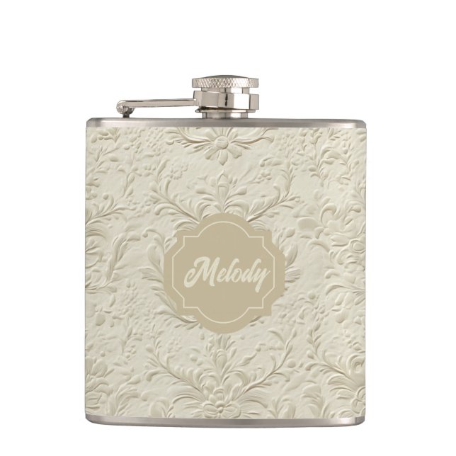 Ivory Embossed Floral Vinyl Wrapped Flask (Front)
