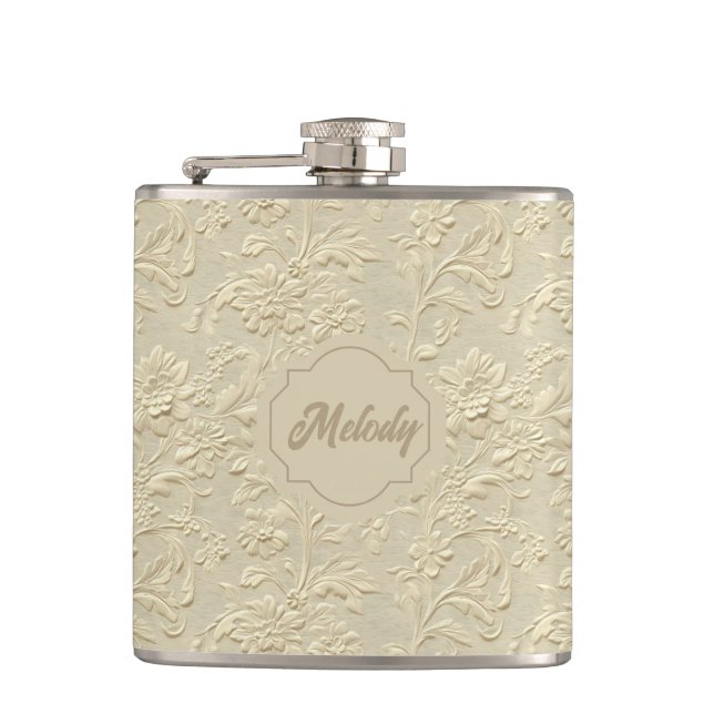 Ivory Embossed Floral Vinyl Wrapped Flask (Front)
