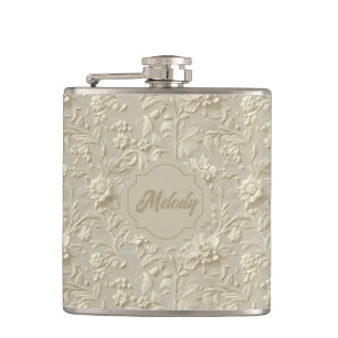 Ivory Embossed Floral Vinyl Wrapped Flask
