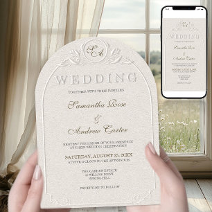 Ivory Embossed Monogram Arch Wedding QR Code Invitation