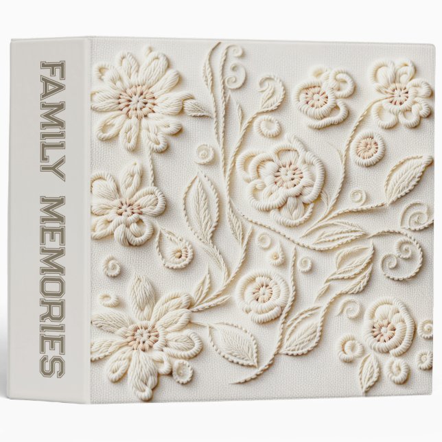 Ivory Embroidered Floral Design 3 Ring Binder (Front/Spine)