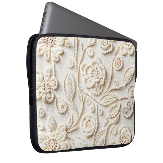 Ivory Embroidered Floral Design Laptop Sleeve (Front Right)