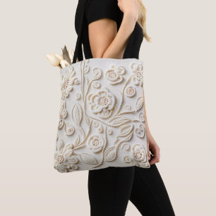 Ivory Embroidered Floral Design Tote Bag