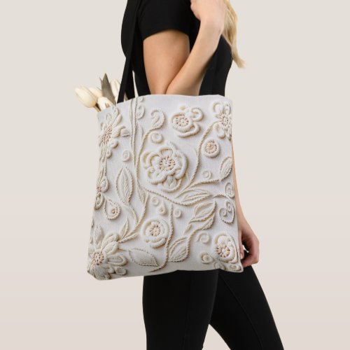 Ivory Embroidered Floral Design Tote Bag
