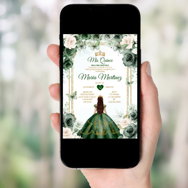Ivory & Emerald Green Floral Princess Mis Quince Invitation (Front Digital)