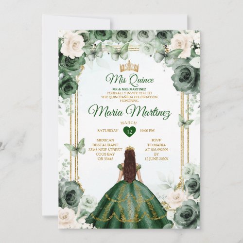 Ivory  Emerald Green Floral Princess Mis Quince Invitation