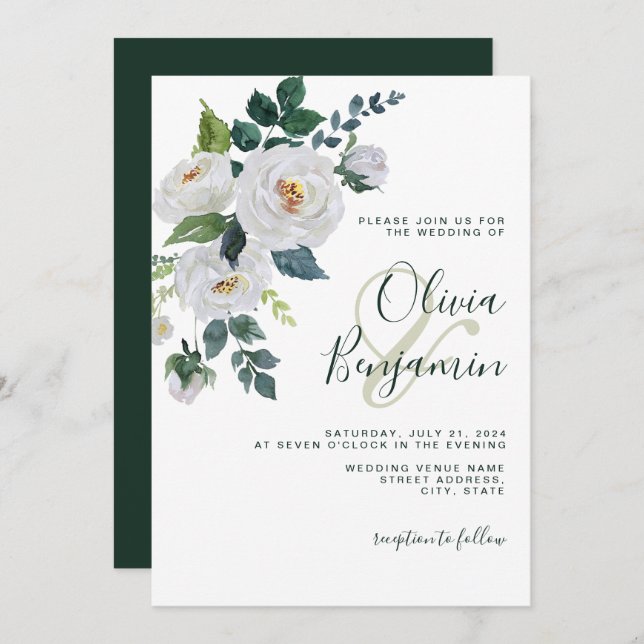 Ivory Emerald Green White Floral Elegant Wedding Invitation (Front/Back)
