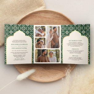 Ivory Emerald Pattern All in One Indian Wedding Tri-Fold Invitation