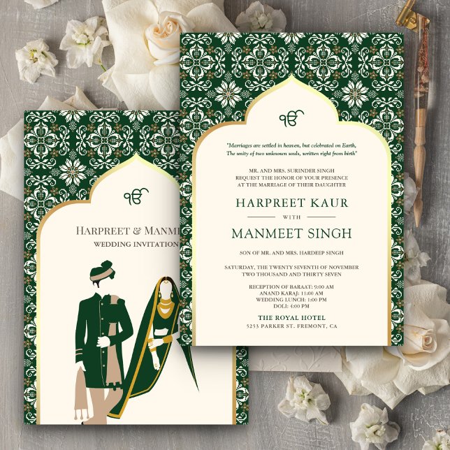 Ivory Emerald Pattern Anand Karaj Sikh Wedding Invitation (Creator Uploaded)