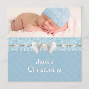 Ivory Eyelet Ribbon Boys Blue Photo Christening Invitation