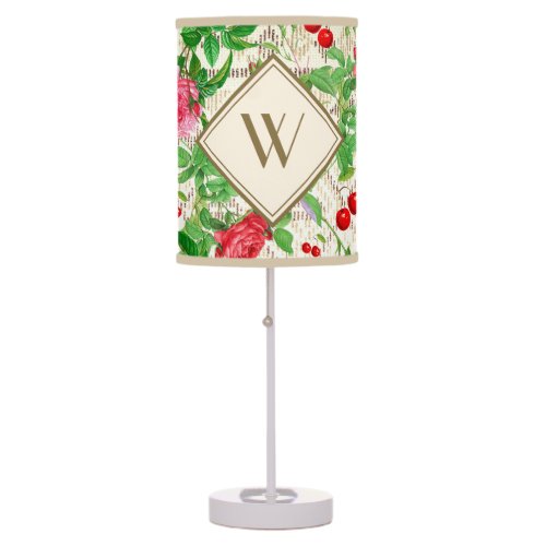 Ivory Fabric Red Pink Roses Gold Monogram lamp