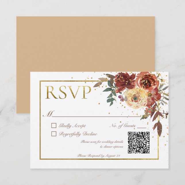 Ivory Fall Floral Bouquet with Gold QR Code RSVP Card (Front/Back)