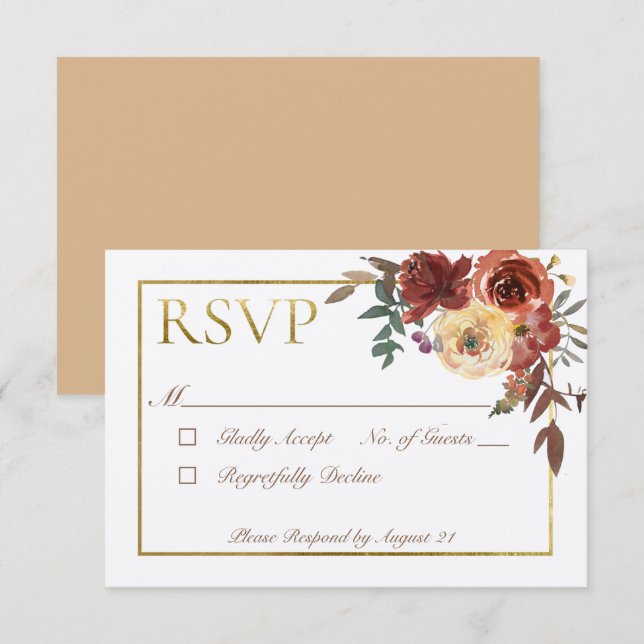 Ivory Fall Floral Bouquet with Gold RSVP Card (Front/Back)