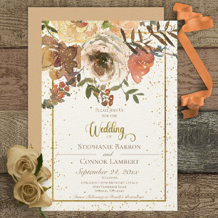 Ivory Fall Floral Bouquet with Gold Wedding Invitation