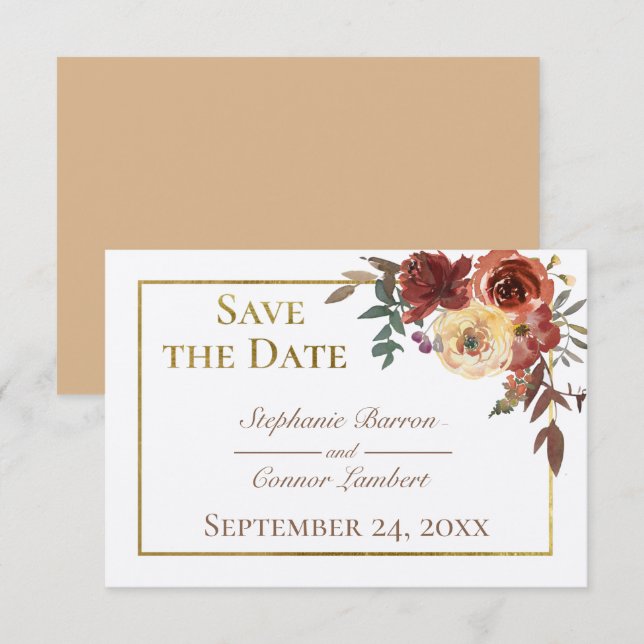 Ivory Fall Floral Bouquet with Gold Wedding Save The Date (Front/Back)