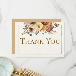 Ivory Fall Floral Bouquet with Gold Wedding Thank You Card