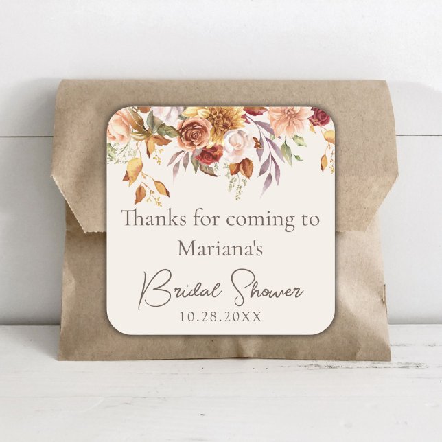 Ivory Fall Floral Bridal Shower Favors Square Sticker (Creator Uploaded)