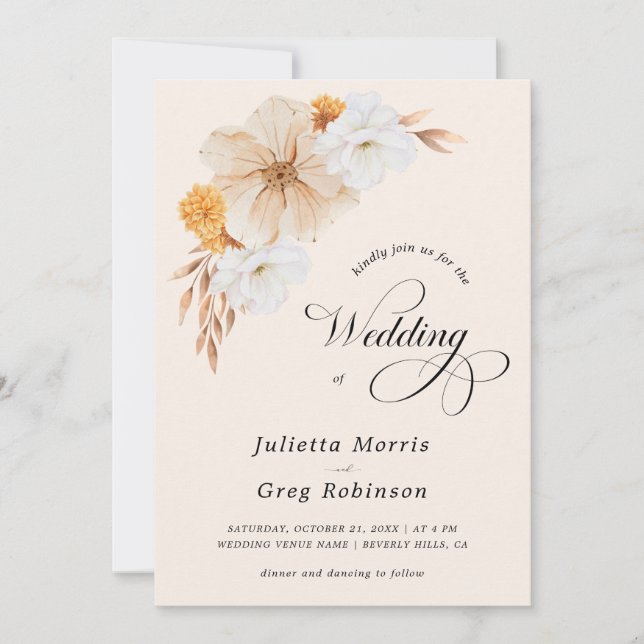 Ivory Fall Floral Elegant QR Code Photo Wedding    Invitation (Front)