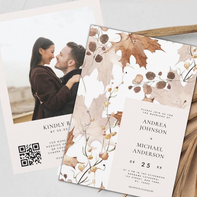Ivory Fall Leaves Photo QR Code All in One Wedding Invitation (Creator Uploaded)