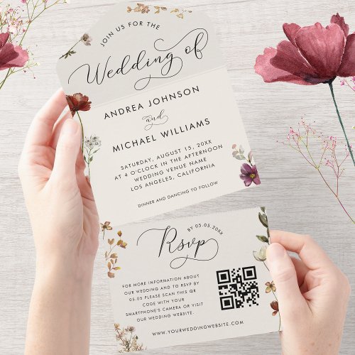 Ivory Fall Wildflowers QR Code Autumn Wedding All In One Invitation