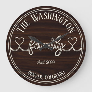 Ivory Family Script on Wood Effect Background Large Clock