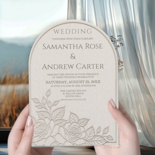 Ivory Faux Blind Embossed Rose Arch Wedding Invitation