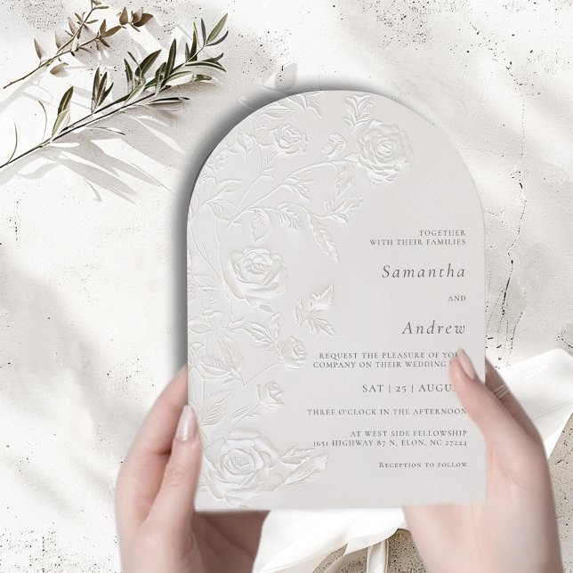 Ivory Faux Blind Embossed Rose Floral Arch Wedding Invitation (Creator Uploaded)