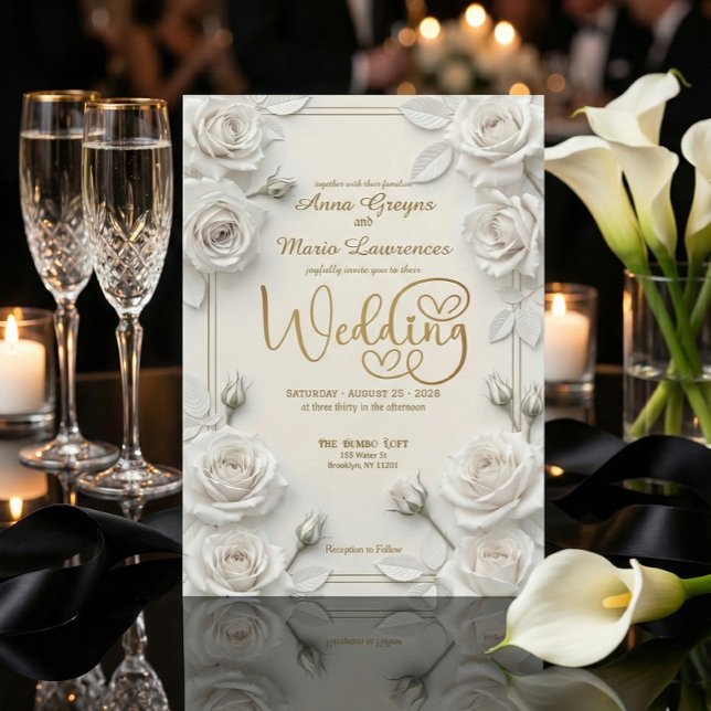 Ivory Faux Embossed 3D White Rose Floral Wedding  Invitation (Creator Uploaded)