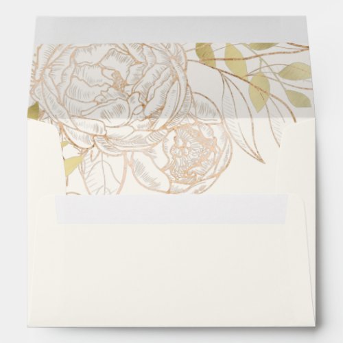 Ivory  Faux Gold Peony Modern Floral Wedding Envelope