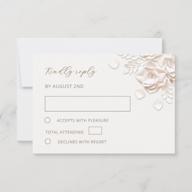 Ivory Faux Paper Cut Roses Wedding RSVP Card (Front)