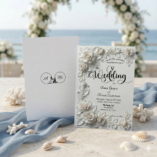 Ivory Faux Plaster Relief Roses Formal Wedding Invitation