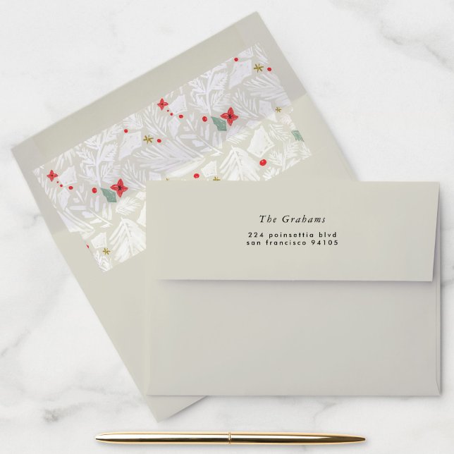 Ivory Festive Botanical Return Address Envelope (Ivory Festive Botanical Return Address Envelope with Patterned Liner)