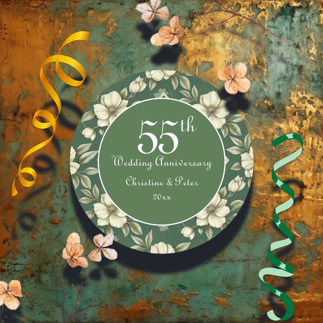 Ivory Floral and Emerald Wedding Anniversary Classic Round Sticker (Creator Uploaded)