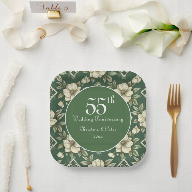 Ivory Floral and Emerald Wedding Anniversary Paper Plates (Wedding)
