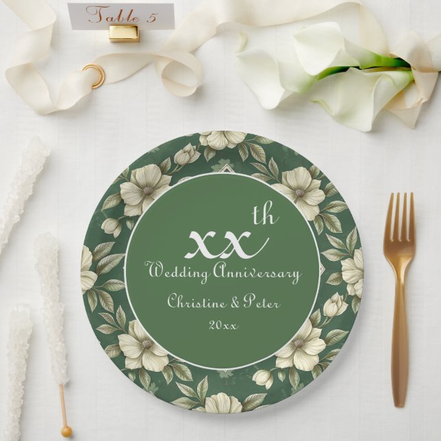 Ivory Floral and Emerald Wedding Anniversary Paper Plates (Wedding)