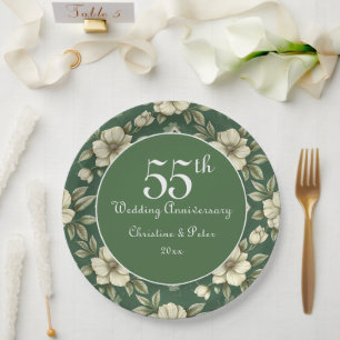 Ivory Floral and Emerald Wedding Anniversary Paper Plates