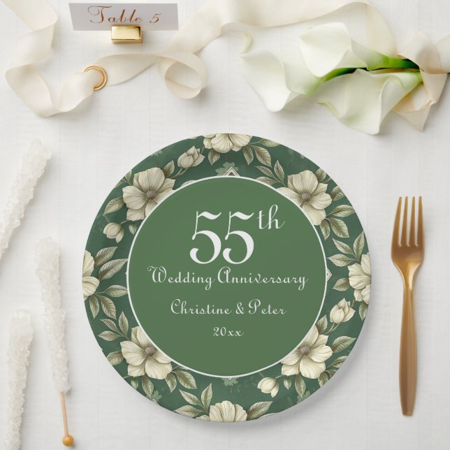 Ivory Floral and Emerald Wedding Anniversary Paper Plates (Wedding)