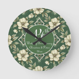Ivory Floral and Emerald Wedding Anniversary Round Clock