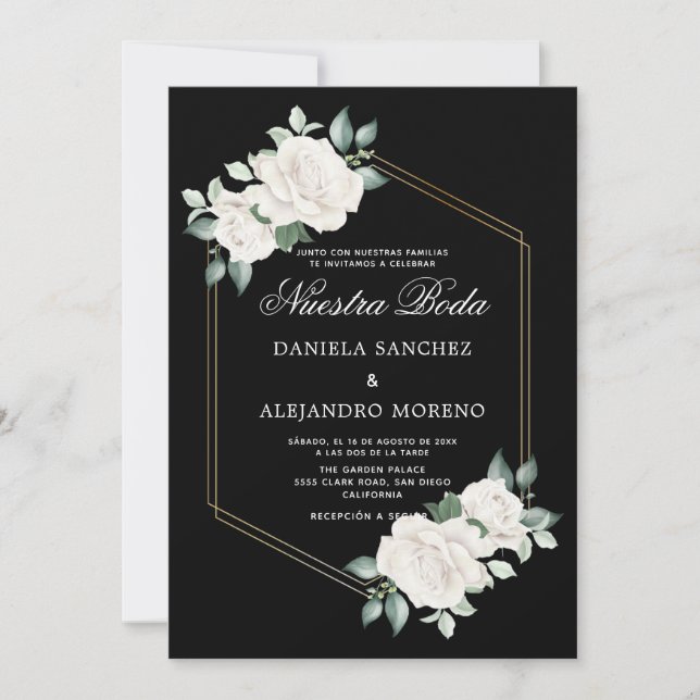 Ivory Floral Black Nuestra Boda Spanish Wedding Invitation (Front)