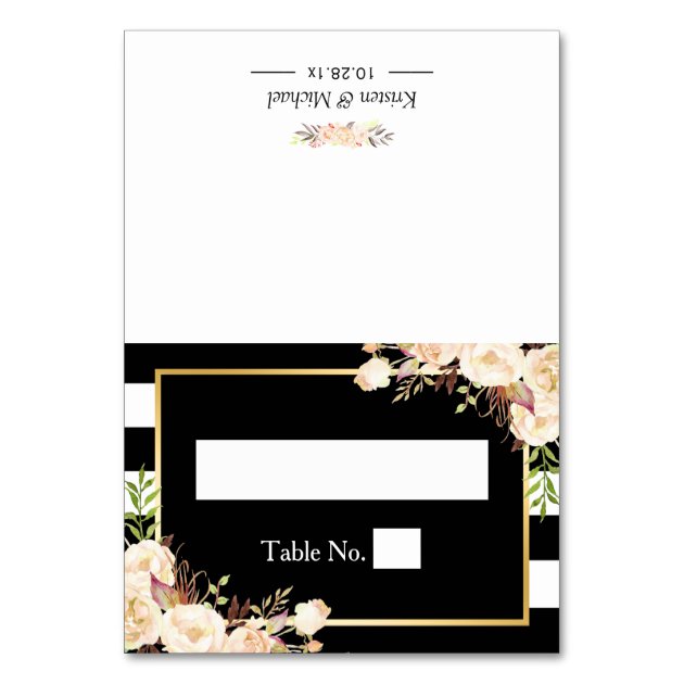 Ivory Floral Black White Stripes Wedding Place Card