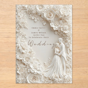 🤍 Ivory Floral Border Bride Groom Wedding Theme Acrylic Invitations