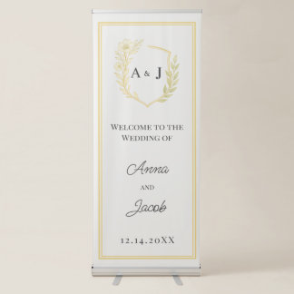 Ivory Floral Crest Monogram Welcome Wedding Retractable Banner