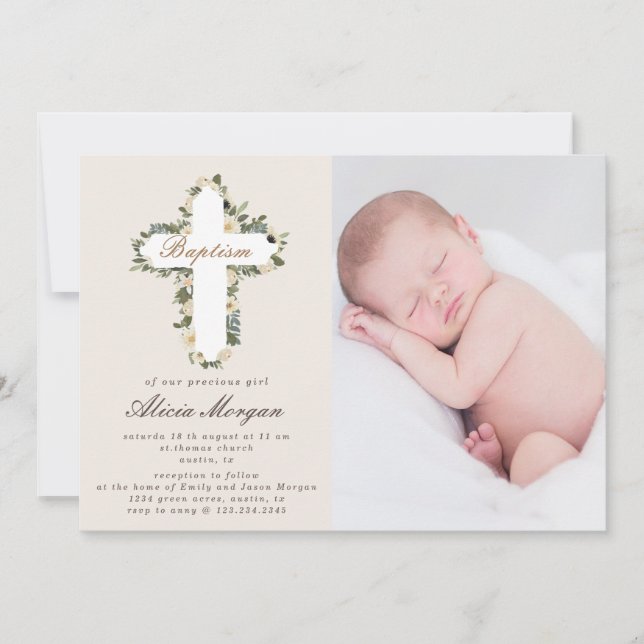 ivory floral cross baptism photo invitation (Front)