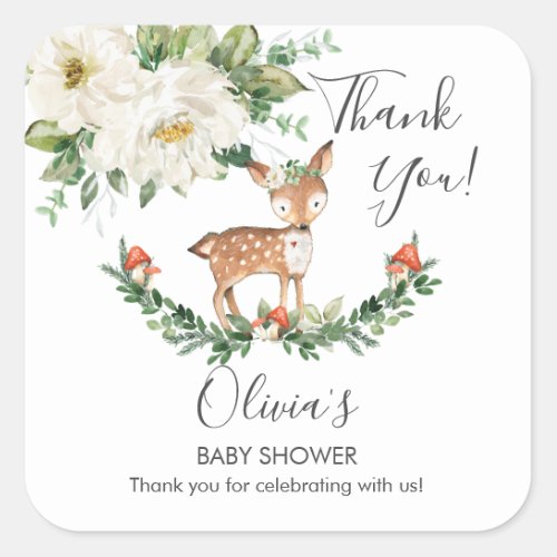 Ivory Floral Deer Fawn Baby Shower Birthday Favor Square Sticker