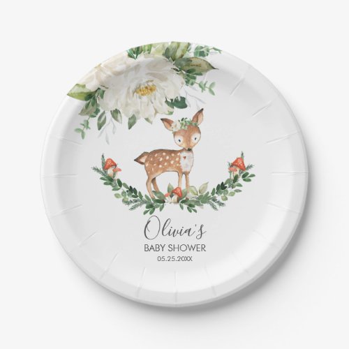 Ivory Floral Deer Woodland Animal Baby Shower Girl Paper Plates