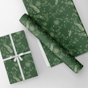 Ivory floral doodles on green wrapping paper sheets